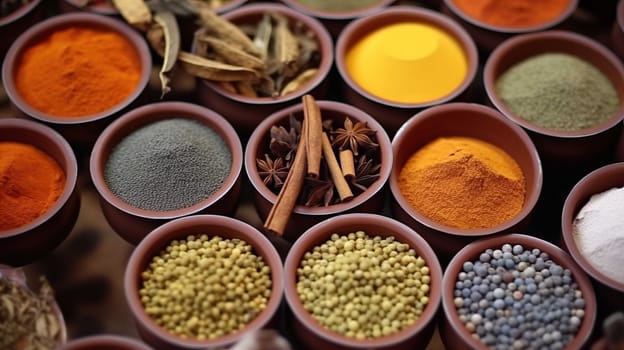   Colorful background of various herbs and spices for cooking in bowls, Spices - Seasonings, Food   India, Indian culture, Raw materials for banner design , Generate AI