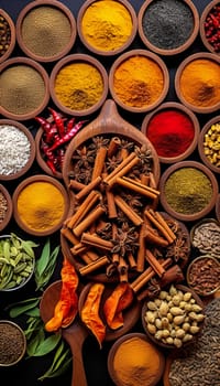   Colorful background of various herbs and spices for cooking in bowls, Spices - Seasonings, Food   India, Indian culture, Raw materials for banner design , Generate AI