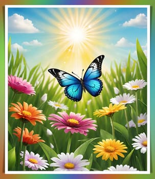 Colorful butterfly on daisy flowers with green grass and blue sky.Colorful daisies and butterfly on the background of the summer landscape.Spring meadow with daisies and butterfly. Vector illustration.Nature background.