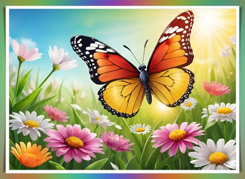 Colorful butterfly on daisy flowers with green grass and blue sky.Colorful daisies and butterfly on the background of the summer landscape.Spring meadow with daisies and butterfly. Vector illustration.Nature background.