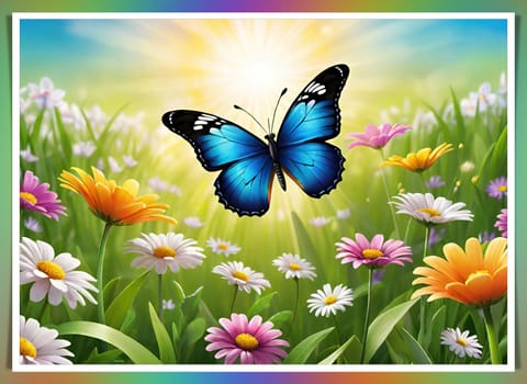 Colorful butterfly on daisy flowers with green grass and blue sky.Colorful daisies and butterfly on the background of the summer landscape.Spring meadow with daisies and butterfly. Vector illustration.Nature background.