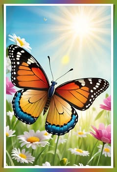 Colorful butterfly on daisy flowers with green grass and blue sky.Colorful daisies and butterfly on the background of the summer landscape.Spring meadow with daisies and butterfly. Vector illustration.Nature background.