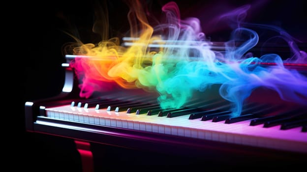 Note piano black and white , glossy color , smoke rainbow background blury , Generate AI