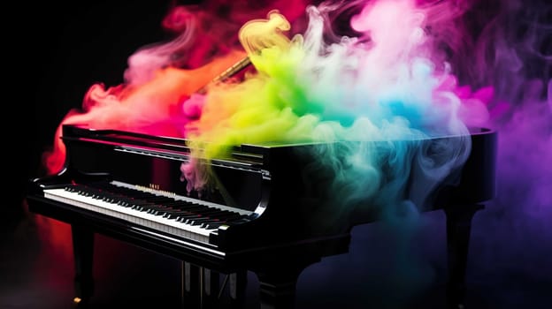 Note piano black and white , glossy color , smoke rainbow background blury , Generate AI