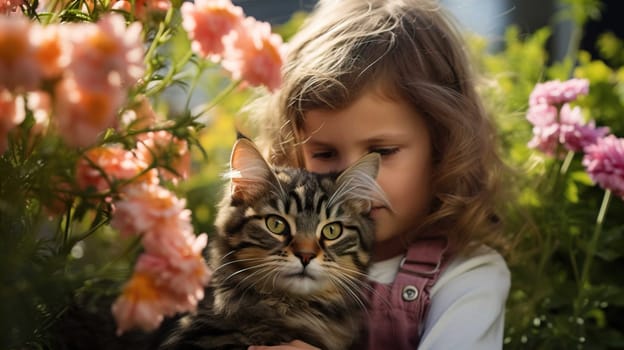   little girl holding a pet cat, in a flower garden. up close  , Generate AI