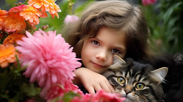   little girl holding a pet cat, in a flower garden. up close  , Generate AI
