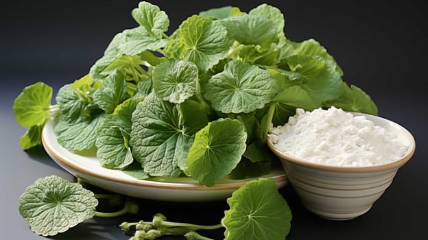  fine powder, centella leaves, white background, herbal, health , Generate AI 