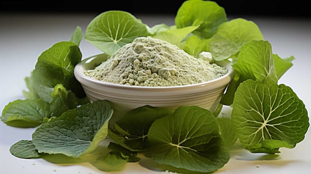  fine powder, centella leaves, white background, herbal, health , Generate AI 