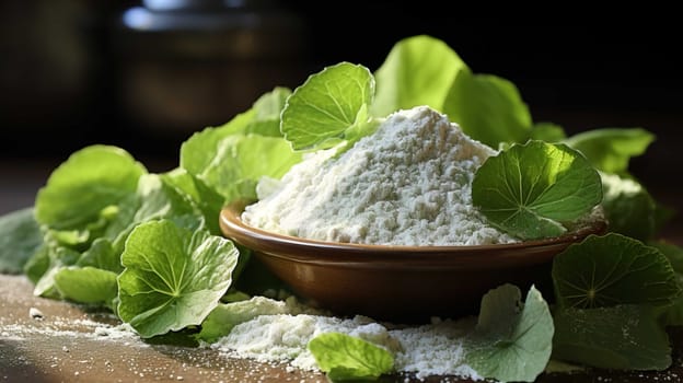  fine powder, centella leaves, white background, herbal, health , Generate AI 