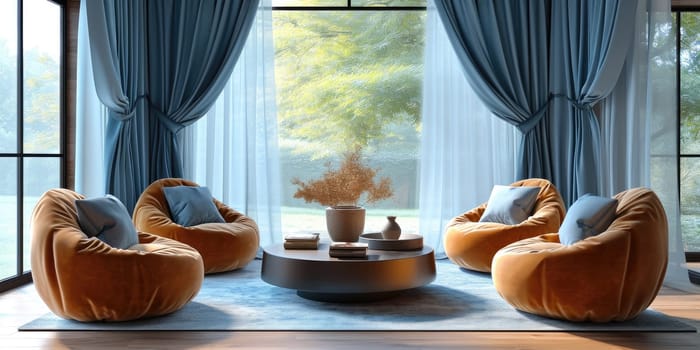 Cozy Sofa in Living room with blue curtains at modern home. Generative AI.