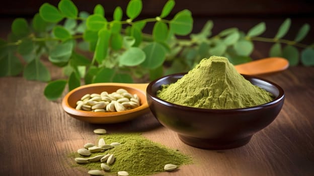  , Moringa oliefera herb leaves, oil and powder Used to treat anemia, rheumatism, cancer, diarrhea, diabetes , Generate AI