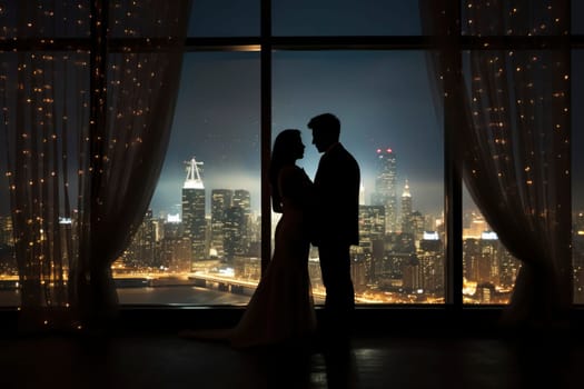 A romantic couple stands at the panoramic window of a skyscraper overlooking the nighttime cityscape. Valentine's Day