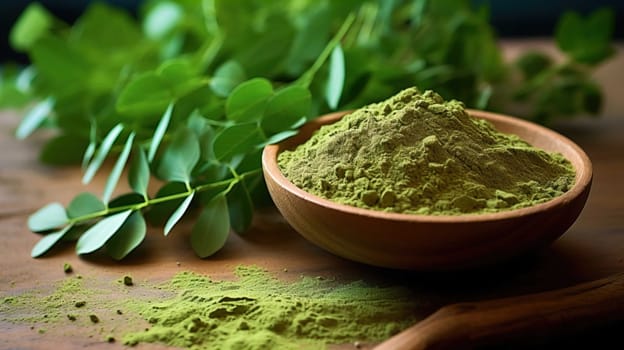  , Moringa oliefera herb leaves, oil and powder Used to treat anemia, rheumatism, cancer, diarrhea, diabetes , Generate AI