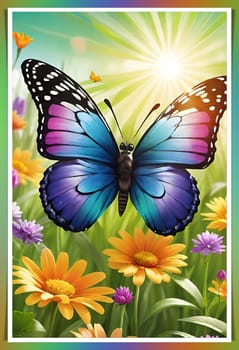 Colorful butterfly on daisy flowers with green grass and blue sky.Colorful daisies and butterfly on the background of the summer landscape.Spring meadow with daisies and butterfly. Vector illustration.Nature background.