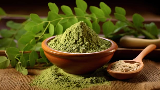  , Moringa oliefera herb leaves, oil and powder Used to treat anemia, rheumatism, cancer, diarrhea, diabetes , Generate AI