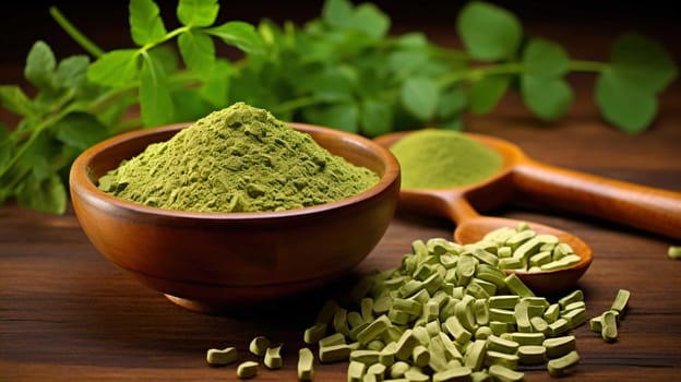  , Moringa oliefera herb leaves, oil and powder Used to treat anemia, rheumatism, cancer, diarrhea, diabetes , Generate AI