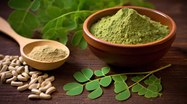  , Moringa oliefera herb leaves, oil and powder Used to treat anemia, rheumatism, cancer, diarrhea, diabetes , Generate AI