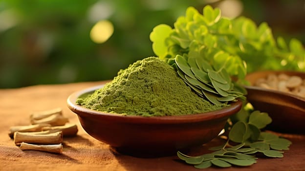  , Moringa oliefera herb leaves, oil and powder Used to treat anemia, rheumatism, cancer, diarrhea, diabetes , Generate AI