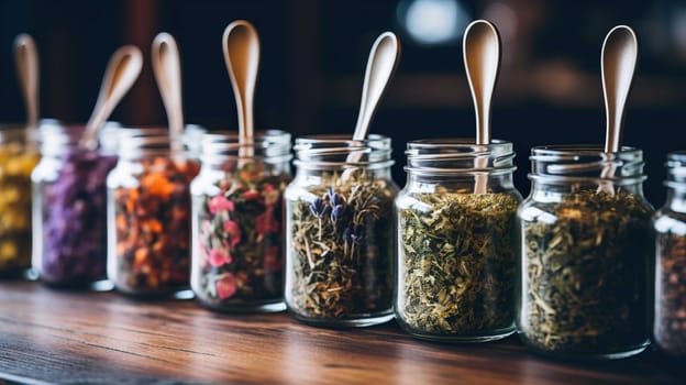   Herbal tea or dried herbs or medicine in jars with spoon , Homeopathic Medicine, Pharmacy, Plant, Alternative Lifestyle, Generate AI