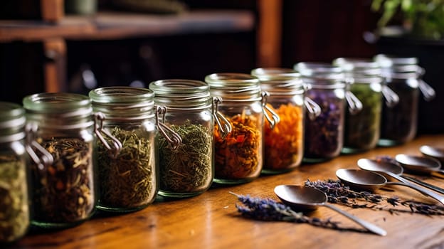   Herbal tea or dried herbs or medicine in jars with spoon , Homeopathic Medicine, Pharmacy, Plant, Alternative Lifestyle, Generate AI