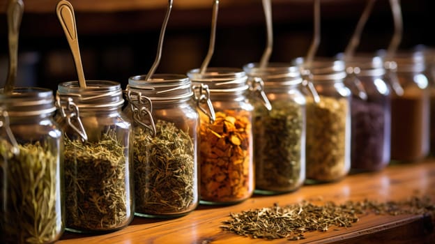   Herbal tea or dried herbs or medicine in jars with spoon , Homeopathic Medicine, Pharmacy, Plant, Alternative Lifestyle, Generate AI