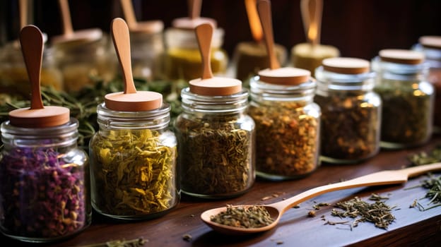   Herbal tea or dried herbs or medicine in jars with spoon , Homeopathic Medicine, Pharmacy, Plant, Alternative Lifestyle, Generate AI