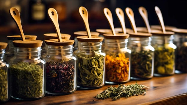   Herbal tea or dried herbs or medicine in jars with spoon , Homeopathic Medicine, Pharmacy, Plant, Alternative Lifestyle, Generate AI