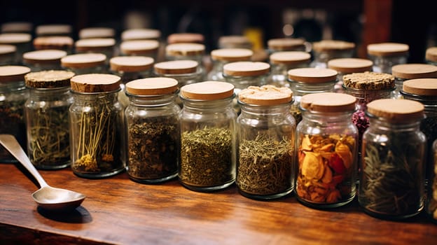   Herbal tea or dried herbs or medicine in jars with spoon , Homeopathic Medicine, Pharmacy, Plant, Alternative Lifestyle, Generate AI