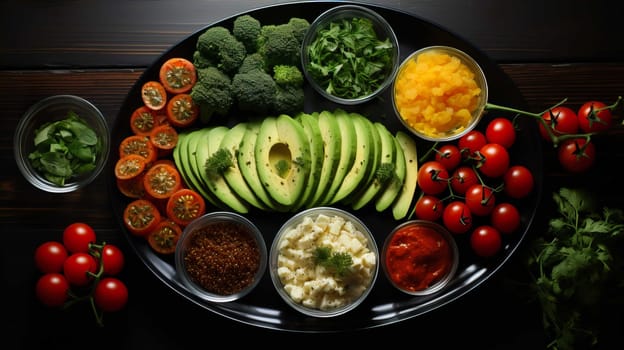 Balanced diet menu, carbohydrates, protein, fiber, Generate AI