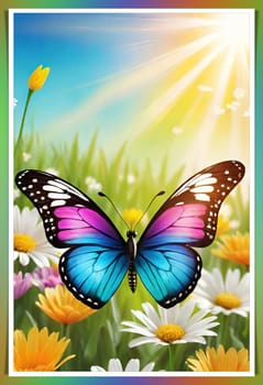 Colorful butterfly on daisy flowers with green grass and blue sky.Colorful daisies and butterfly on the background of the summer landscape.Spring meadow with daisies and butterfly. Vector illustration.Nature background.