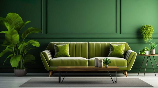   Modern Living Room Interior With Green Plants, Sofa And Green Wall Background Modern Living Room Interior With Green Plants  , Generate AI