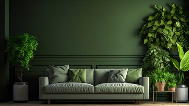   Modern Living Room Interior With Green Plants, Sofa And Green Wall Background Modern Living Room Interior With Green Plants  , Generate AI