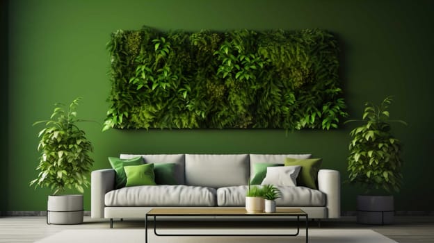   Modern Living Room Interior With Green Plants, Sofa And Green Wall Background Modern Living Room Interior With Green Plants  , Generate AI