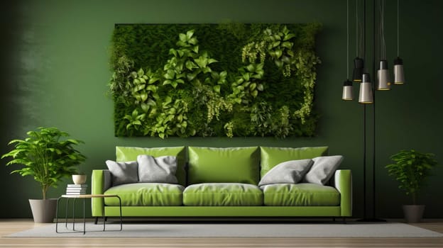   Modern Living Room Interior With Green Plants, Sofa And Green Wall Background Modern Living Room Interior With Green Plants  , Generate AI