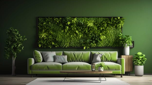   Modern Living Room Interior With Green Plants, Sofa And Green Wall Background Modern Living Room Interior With Green Plants  , Generate AI