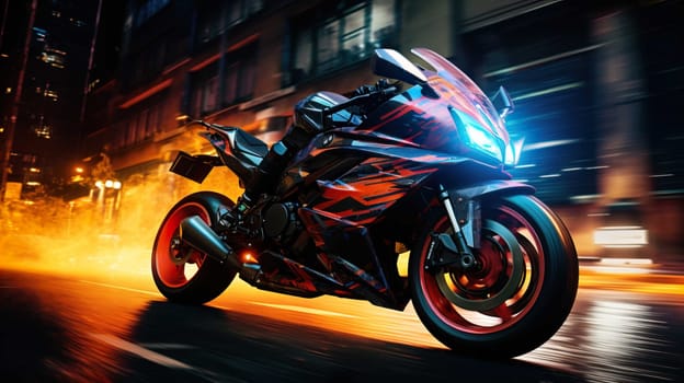 Night motorcycle driving downtown colorful on city streets , like colorful flashes, flash light car photo , Generate AI