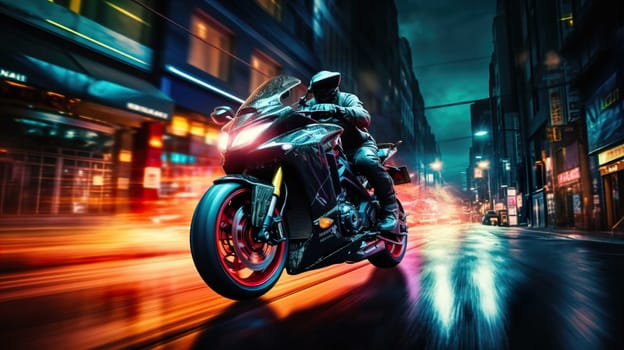 Night motorcycle driving downtown colorful on city streets , like colorful flashes, flash light car photo , Generate AI