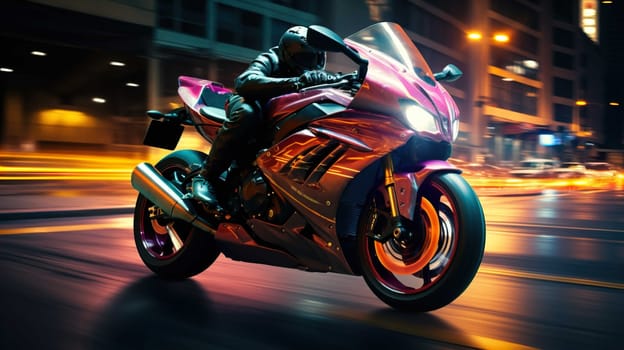 Night motorcycle driving downtown colorful on city streets , like colorful flashes, flash light car photo , Generate AI