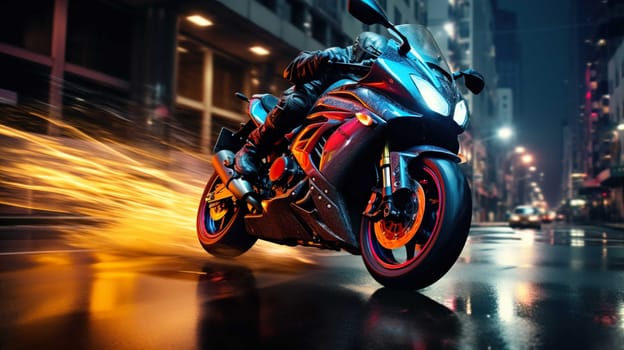 Night motorcycle driving downtown colorful on city streets , like colorful flashes, flash light car photo , Generate AI