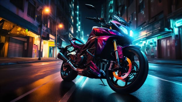 Night motorcycle driving downtown colorful on city streets , like colorful flashes, flash light car photo , Generate AI