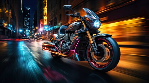 Night motorcycle driving downtown colorful on city streets , like colorful flashes, flash light car photo , Generate AI