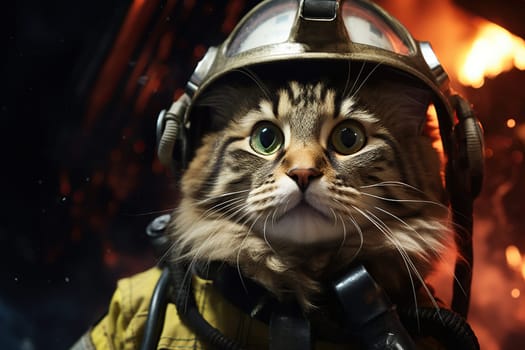 A cat in a firefighter costume against the background of a fire.