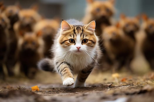 The kitten runs away from the mice.