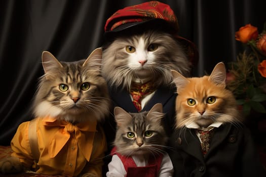 Family portrait of cats dressed in Victorian style.