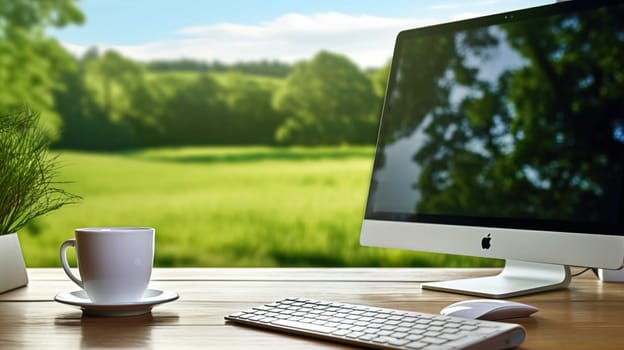Computer on a desk with a white mug ,Computer with a image on screen of summer grass and clear blue skies, on a glass topped  , Generate AI