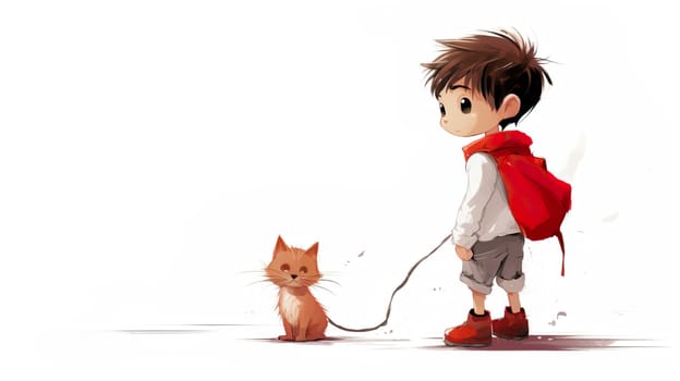 cartoons, network, little boy with pet cat, white background  , generate AI
