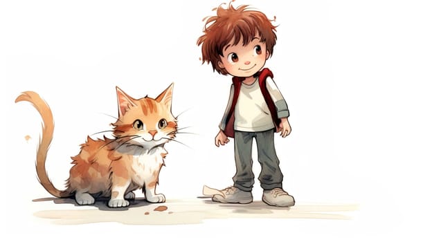 cartoons, network, little boy with pet cat, white background Generate AI