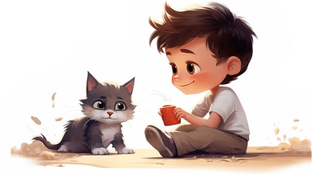 cartoons, network, little boy with pet cat, white background Generate AI