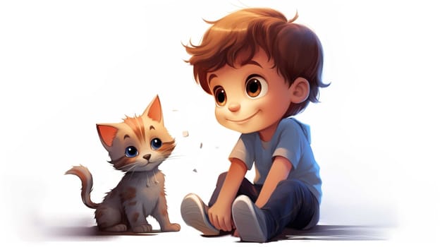 cartoons, network, little boy with pet cat, white background Generate AI