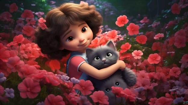   little girl holding a pet cat, in a fruit garden , Generate AI